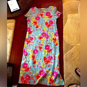 Talbots Floral Dress with Red & Yellow Accents linen blend & mother of pearl btn